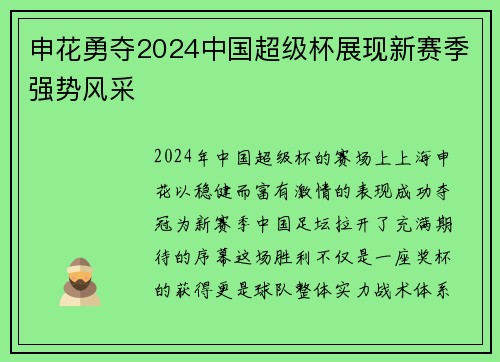 申花勇夺2024中国超级杯展现新赛季强势风采 申花勇夺2024中国超级杯展现新赛季强势风采